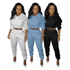 Hooded solid color casual sports drawstring two-piece set