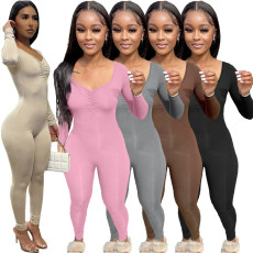New women's sexy tight V-neck pleated solid color long sleeved jumpsuit all-in-one pants