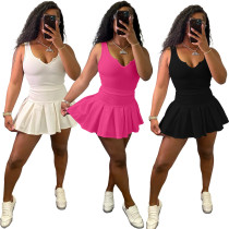 Casual Solid V-Neck Sleeveless Pleated Trouser Skirt Sport Set Two Piece Set