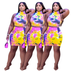 Printed tie dyed sleeveless pleated short skirt two-piece set
