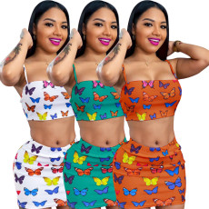 Two piece set of butterfly printed short skirt with straps