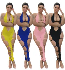 Sexy Strap Hollow Solid Color jumpsuit
