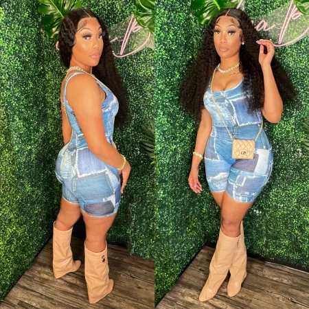 Fashion sexy denim printed shorts sleeveless jumpsuit