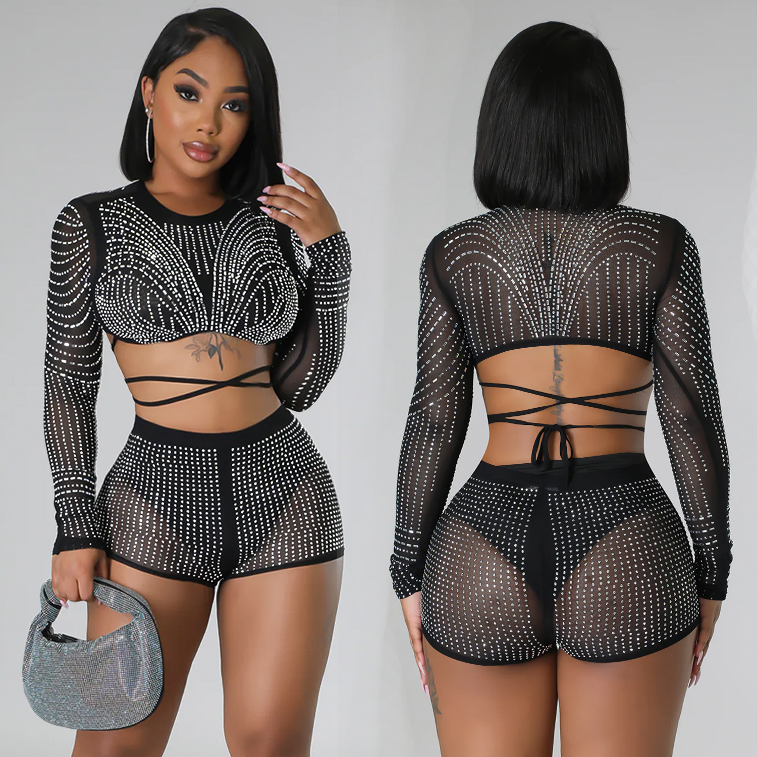 Fashion Mesh Diamond Hot Rolled Long Sleeve Shorts Two Piece Set 