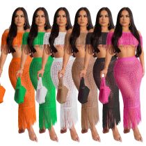 Casual short sleeved fringed beach skirt set