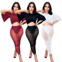 Hip wrap mesh sexy slim fitting long skirt two-piece set