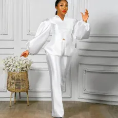Large Bubble Sleeve Top Wide Leg Pants Two Piece Set