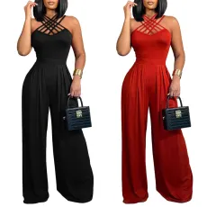 Fashion and Sexy Multi Strap Cross Wide Leg Jumpsuit