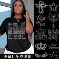 Casual Letter Hot Diamond Round Neck Short Sleeve T-shirt