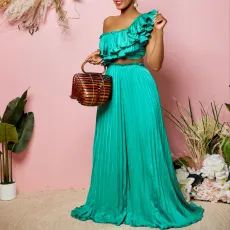 Large open back ruffled sexy top pleated wide leg pants set
