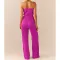 Comfortable pleated fabric wrap chest and swing leg wide leg jumpsuit