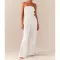 Comfortable pleated fabric wrap chest and swing leg wide leg jumpsuit