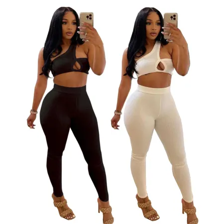 Sexy Diagonal Shoulder Hollow Tank Top Pants Sports Two Piece Set