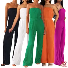 Comfortable pleated fabric wrap chest and swing leg wide leg jumpsuit