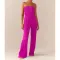 Comfortable pleated fabric wrap chest and swing leg wide leg jumpsuit
