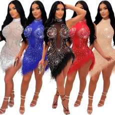Shang Sexy Mesh Hot Diamond Bubble Bead Feather Dress