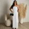 Comfortable pleated fabric wrap chest and swing leg wide leg jumpsuit