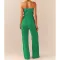Comfortable pleated fabric wrap chest and swing leg wide leg jumpsuit