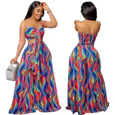Spring/Summer Colorful Print Strap Bra Wide Leg Trouser Set