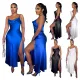Solid color suspender glossy glossy side slit dress