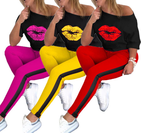 European and American women's lip print sports suit T-shirt two-piece set