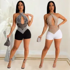 Fashion mesh hot diamond bubble bead shorts jumpsuit