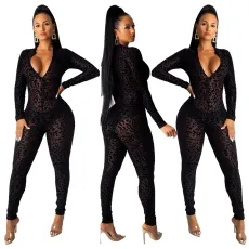 Fashionable and sexy mesh flocked leopard print long sleeved perspective jumpsuit