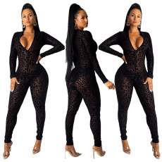 Fashionable and sexy mesh flocked leopard print long sleeved perspective jumpsuit