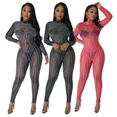 Fashionable printed perspective mesh sexy jumpsuit