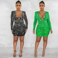 Sexy Hot Diamond Wrap Hip Deep V Perspective Dress