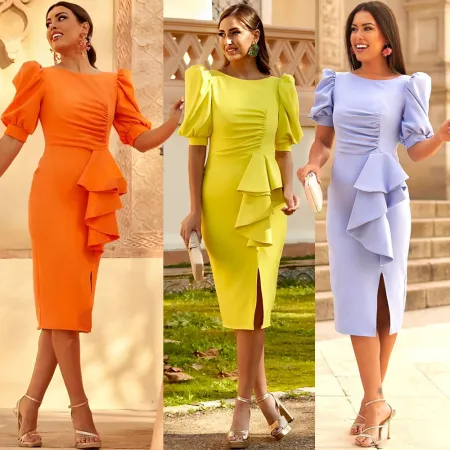 Fashion Solid Color Pleated Split Casual Open Back Sexy Bubble Sleeve Wrap Arm Dress