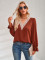 Casual Solid V-Neck Lace Ruffle Sleeve Loose Top