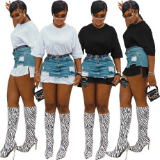 Denim combination skirt without belt two-piece set
