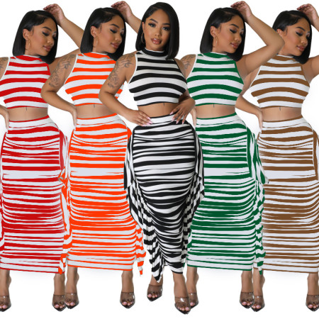 Fashion Open Umbilical Tight Sleeveless Tank Top Skirt Two Piece Set