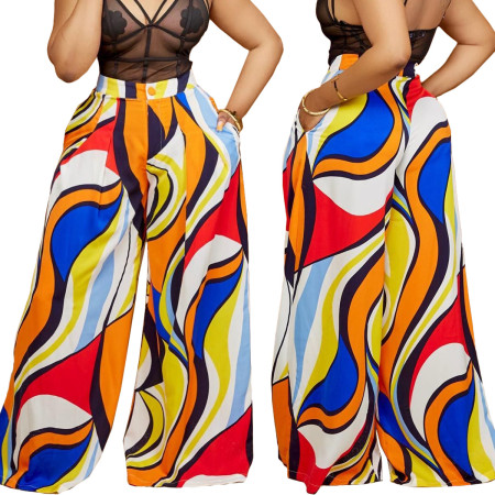 Printed loose fitting wide leg pants with pockets