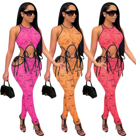 Sexy Printed Hollow Strap Jumpsuit