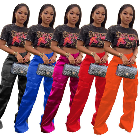 Fashion Casual Zipper Solid Color Multi Pocket Loose Pants