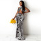 Sexy printed chest wrap open back fishtail skirt set