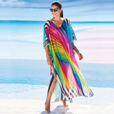 Sexy Rainbow Stripe Holiday Robe Bikini Sunscreen Shirt