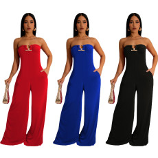 Sexy U-shaped buckle wrapped chest tie wide leg jumpsuit