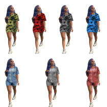 Fashion casual camouflage pattern printed short sleeved shorts two-piece set