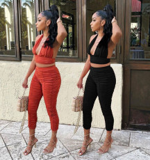 Sexy Solid Color Tight Pleated Pants Hanging Neck Tank Top Two Piece Set