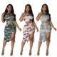 Casual fashion pattern printed skirt hem with split short sleeved skirt set
