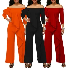 Sexy and fashionable one piece shoulder ruffled jumpsuit with leaf edges