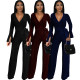 Sexy and fashionable V-neck high elastic bright silk jumpsuit