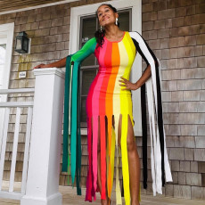 Fashionable Rainbow Print Strap Tassel Skinny Dress