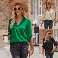 Casual V-neck Solid Loose Curled Long Sleeve Top