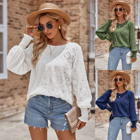 Fashion casual solid color round neck long sleeved patchwork top
