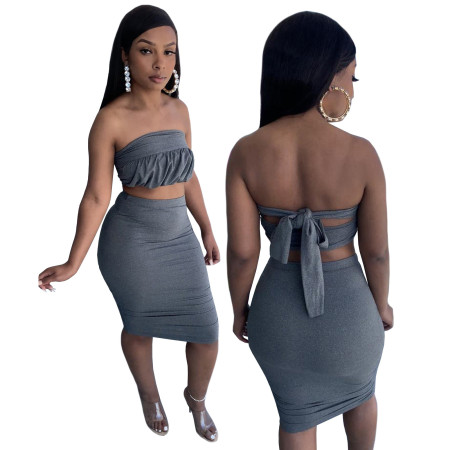 Fashion imitation cotton wrap chest open back skirt two-piece set