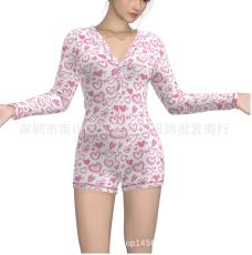 Digital printed long sleeved button up jumpsuit shorts for women